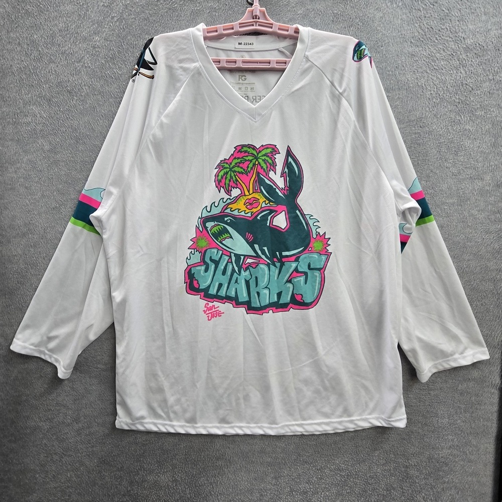 San Jose Sharks Men‎ Jersey XL White FG Graphic Graffiti Shark Girl Mobb Hockey